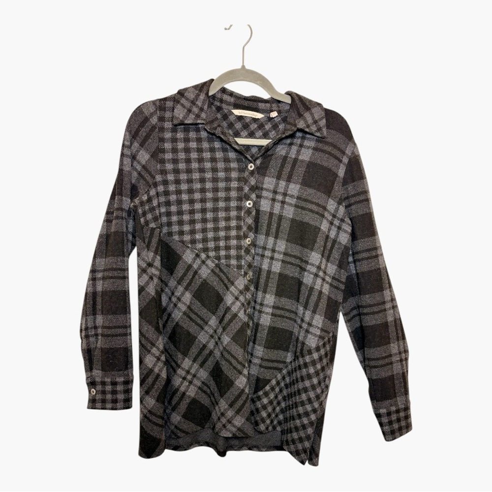 Soft Surroundings Black Gray Plaid Button Front Tunic Shirt Classic Casual Small